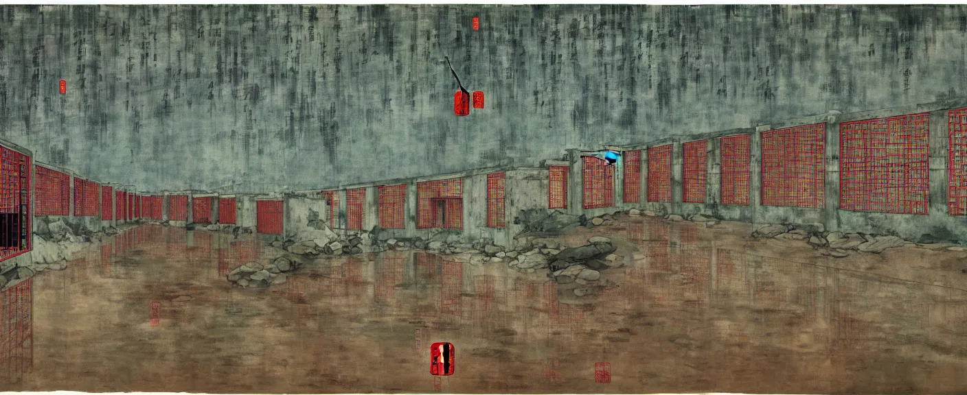 Image similar to a chinese prison near a river by peter doig, muted colors, overlaid with chinese adverts