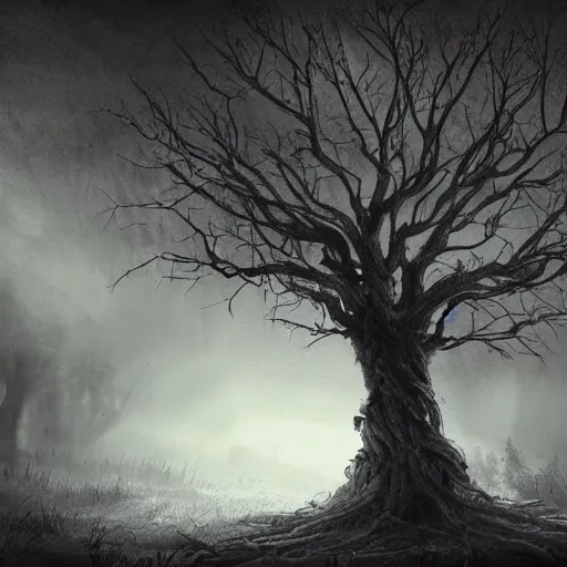 Image similar to A cursed tree,gloomy lighting,creepy atmosphere,photo , highly detailed , high contrast, beautiful lighting, award winning ,u trending on art station, 8k, photo realistic