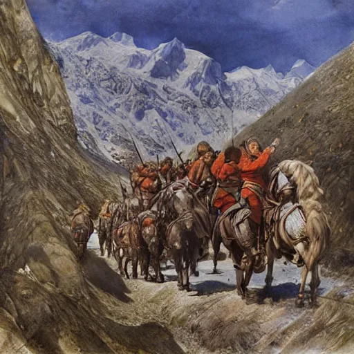 Image similar to carthaginians crossing the alps, alan lee