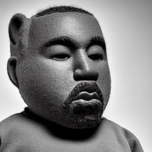 Image similar to Portrait studio photograph of Kanye West with a anthropomorphic teddy bear, close up, shallow depth of field, in the style of Felice Beato, Noir film still, 40mm