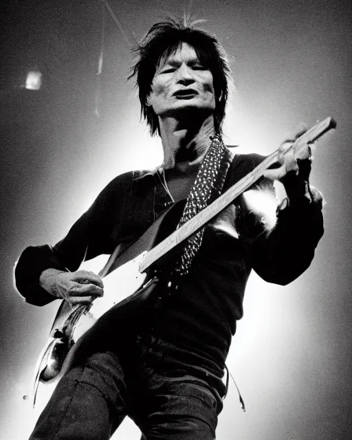 Image similar to sixty years old viktor tsoi with guitar in his hands, photo, microphone, rock concert, black and white, iso 6 0 0, 3 5 mm, codac gold