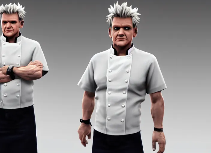 Image similar to 3 d model of gordon ramsay character in fighting game, stylized 3 d graphics, hdr, ultra graphics, ray tracing, 4 k image