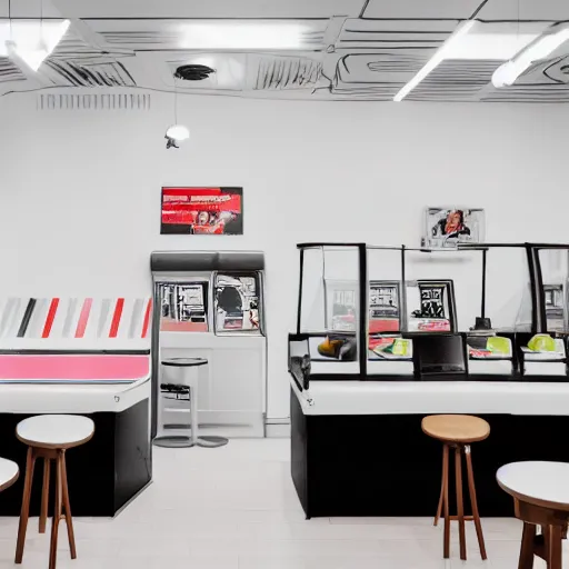 Prompt: photo of a minimalist white cafe interior with arcade machines, and retro posters on the white walls, tall interior