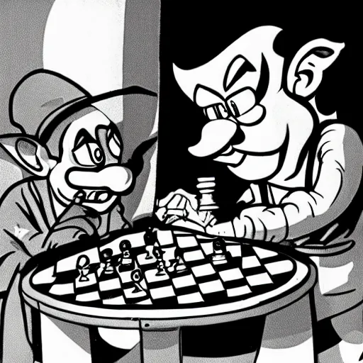 Prompt: A goblin playing chess with Super Mario while eating onion rings in a barber shop, 1960s Cartoon, Highly Detailed