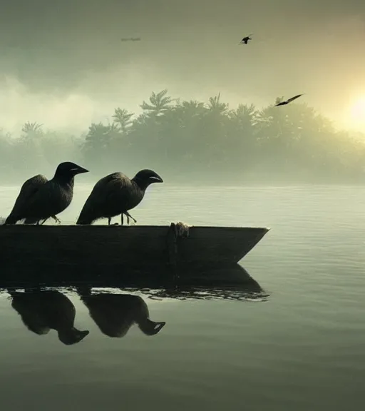 Image similar to three crows in a little boat in a swamp, volumetric lighting, majestic light, octane render, ethereal glare of the sun, hyperrealistic, epic, masterpiece, by greg rutkowski