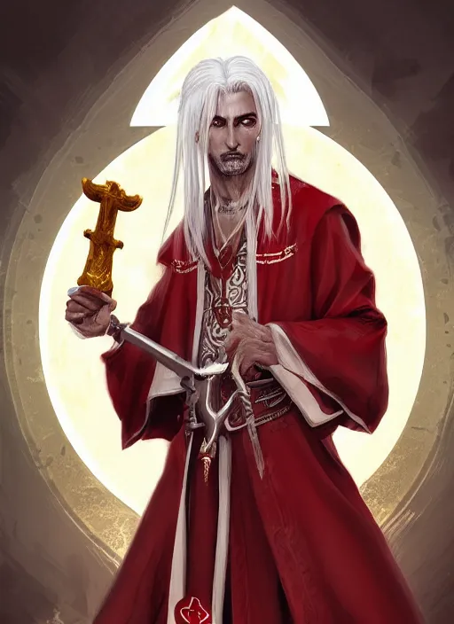 Prompt: a highly detailed illustration of sadistic white haired tanned african priest wearing white robe with red cross design, wielding divine bloody sword, evil smirk, gothic church background, intricate, elegant, highly detailed, centered, digital painting, artstation, concept art, smooth, sharp focus, league of legends concept art, wlop