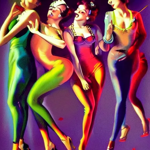 Prompt: young people in a fancy nightclub dancing and drinking, partylights, great colors, in the style of rolf armstrong, trending on artstation