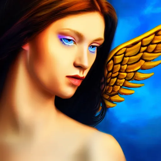 Image similar to Epic Professional digital airbrushed self-portrait of a female angel. she looks straight ahead. her deep blue eyes are beautiful and inspiring peace.