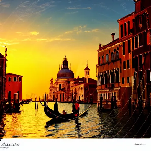 Image similar to A beautiful backlight sunset scene of historic Venice with gondola and reflective water in the style of Johannes Vermeer