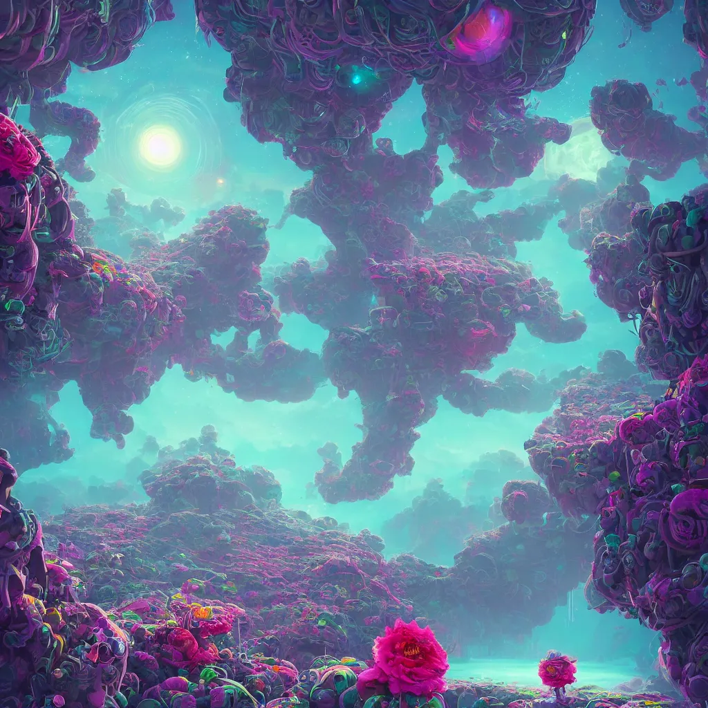 Image similar to concept art, a world full of life divine thrill of the biological tranquil sky, atoms floating, cosmic horror, gothic harts, flowers, artwork by beeple and lisa frank, fantasy art, high - detailed, 8 k, uhd