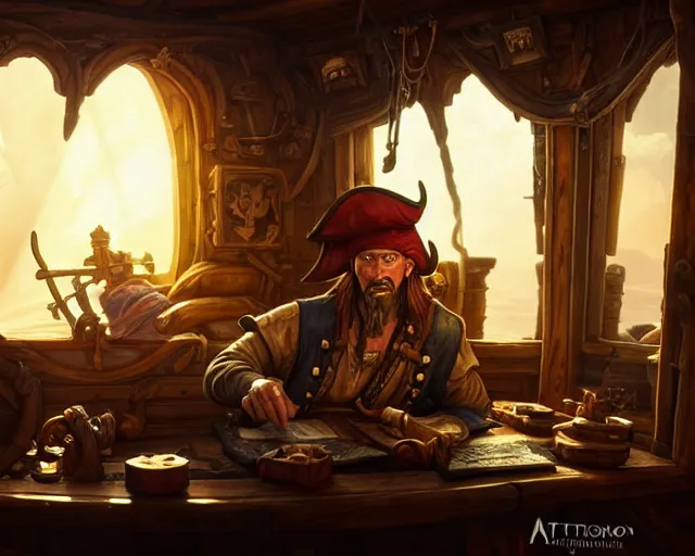 Image similar to an old pirate writing on a treasure map, light coming through window, golden hour, interior, ship, nautical, deep focus, d & d, fantasy, intricate, elegant, highly detailed, digital painting, artstation, concept art, matte, sharp focus, illustration, hearthstone, art by artgerm and greg rutkowski and alphonse mucha