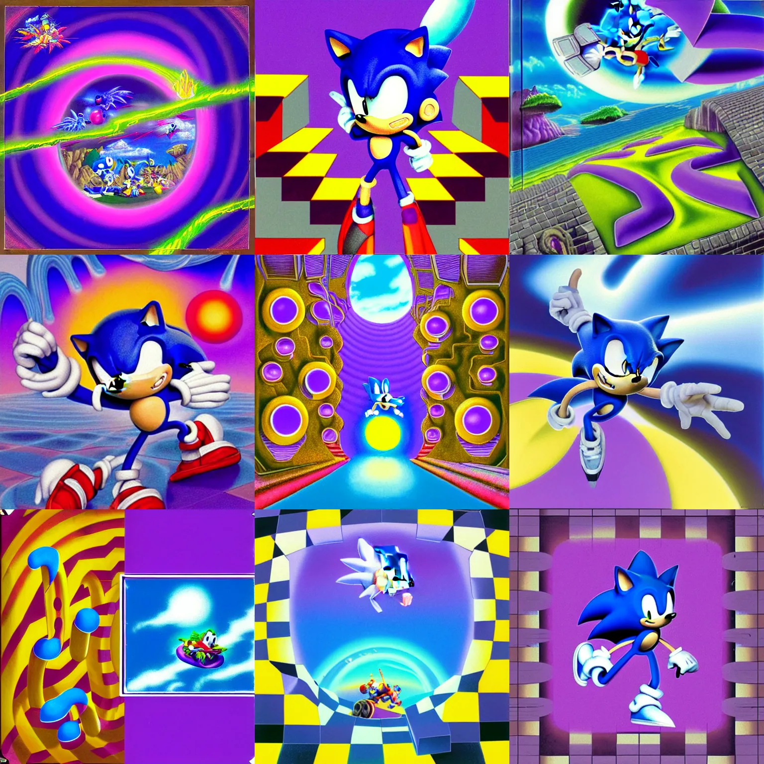 Prompt: portal to sonic hedgehog and a matte painting landscape of a surreal, sharp, detailed professional, soft pastels, high quality airbrush art album cover of a liquid dissolving airbrush art lsd dmt sonic the hedgehog swimming through cyberspace, purple checkerboard background, 1 9 9 0 s 1 9 9 2 sega genesis rareware video game album cover