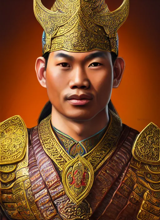 Image similar to smart ramkhamheang of sukhothai, closeup portrait, without beard and mustache, historical hero, ethnic group, tai costume, thai transitional bronze headdress, intricate, with leather armor cross on bare chest, elegant, loin cloth, highly detailed, oil painting, artstation, concept art, matte, sharp focus, illustration, hearthstone, art by earl norem