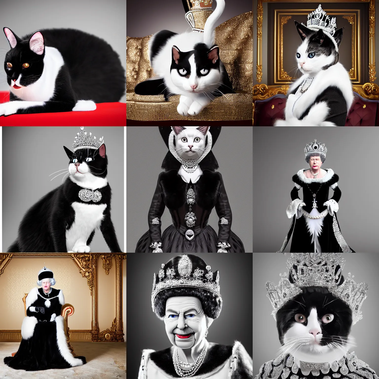 Prompt: Black and White cat dressed as queen elizabeth in full dress uniform, hyper realistic, photorealistic, extremely detailed fur, octane render, 8k, intricate details, studio lighting