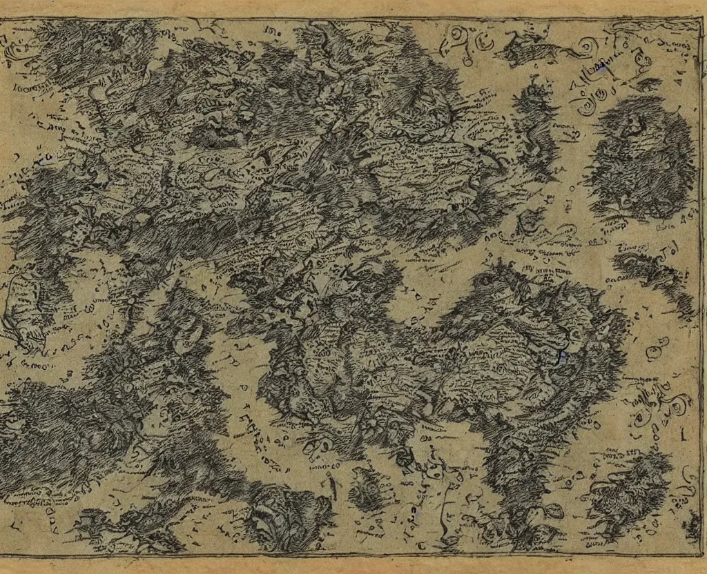 Image similar to ancient fantasy regional map, magical, etching, intaglio, mountains and oceans, on old parchment paper,