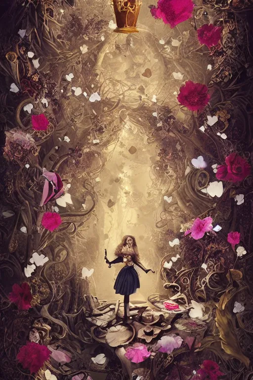 Image similar to poster of Alice in wonderland, Dark Souls 3 themed, surrounded by falling hearts and flower petals, insanely detailed and intricate, golden ratio, elegant, ornate, luxury, elite, ominous, haunting, matte painting, cinematic, cgsociety, James jean, Brian froud, ross tran, Laputa