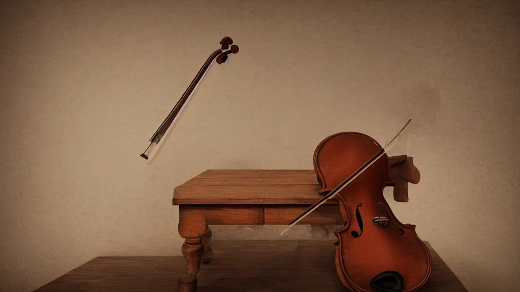 Image similar to a violin on an ancient beautiful ornated wood desk in victorian house, beautiful reflexions, detailed wooden table, photorealistic, photorealism, diffuse light, octane render