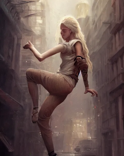 Image similar to an action realistic fine art painting of a early twenties female parkouring in the city with flowing blonde hair, inspired by Tom Bagshaw and David Stoupakis, studio portrait, muted colors, detailed hair, cinematic lighting, trending on artstation, 4K