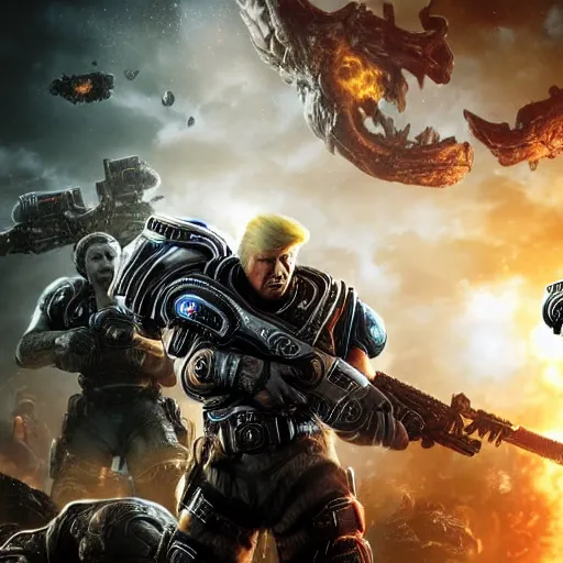 Image similar to photo portrait of donald trump as god emperor in gears of war, splash art, movie still, detailed face, photorealistic facial features, cinematic lighting, dramatic, octane render, long lens, shallow depth of field, bokeh, anamorphic lens flare, 8 k, hyper detailed, 3 5 mm film grain
