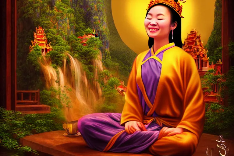 Prompt: vietnamese smiling sitting goddess, pro photo mystical temple night, tea vapors, detailed soft digital fantasy art