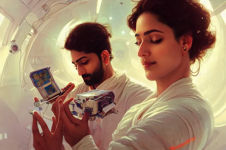 Image similar to Sensual good looking pale young Indian doctors wearing jeans partying in a space station above Earth performing surgery, portrait, elegant, intricate, digital painting, artstation, concept art, smooth, sharp focus, illustration, art by artgerm and greg rutkowski and alphonse mucha