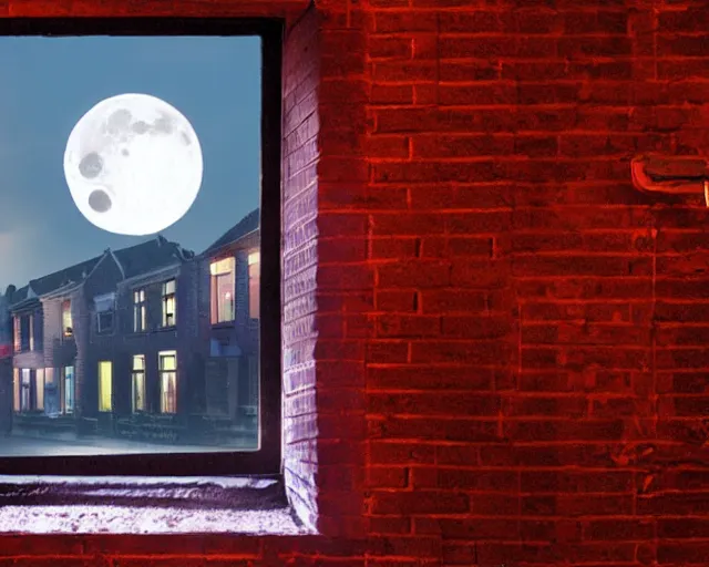 Prompt: view of a moonlit street in de rosse buurt, a window with a red light containing an anthropromorphic nvidia gpu, photorealistic atmospheric sensual lighting