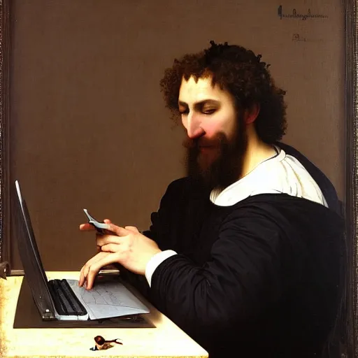 Image similar to an oil painting of an man playing a laptop, 1576 , by Bouguereau, highly detailed and intricate,