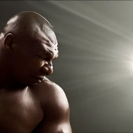 Image similar to a still of mike tyson, cinematic, 4 k, god rays through fog