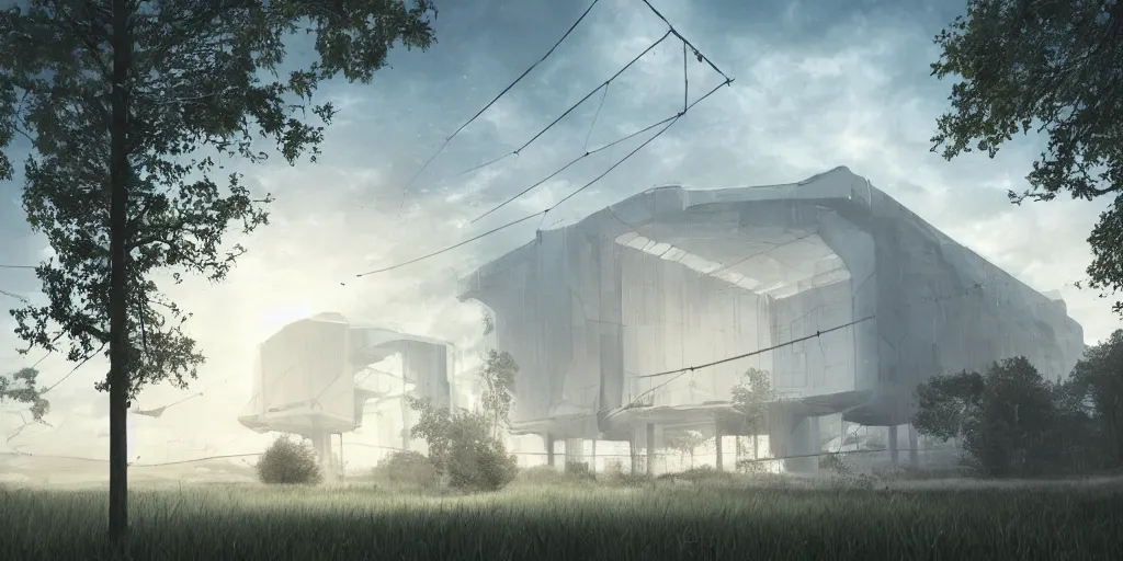 Image similar to large white sci-fi building with power lines running to it, next to farm fields and trees, art station, digital art, art station, volumetric lighting, extremely detailed, trending