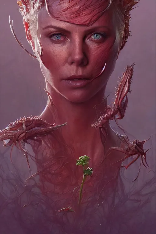 Image similar to Portrait of Venus flytrap with face of Charlize Theron, intricate, highly detailed, smooth, artstation, digital illustration by Ruan Jia and Mandy Jurgens and Artgerm and Wayne Barlowe and Greg Rutkowski and Zdislav Beksinski