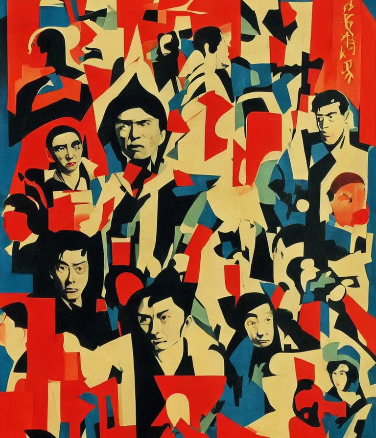 Prompt: Beautiful colorful Russian Constructivist Kung Fu Movie Poster made for the film Franz Kafka's Brutal Reckoning (1997) Starring Steve Buscemi and Jackie Chan, minimalist oil paint and ink and photo collage by El Lissitsky and Diane Arbus, Vivid color trending on artstation Cinematic lighting bauhaus collage!! 8k