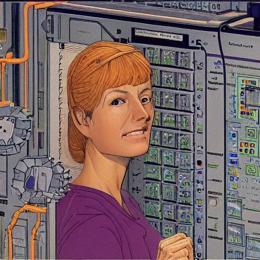 Prompt: a female neuroscientist trying to understand a microprocessor, jean giraud and waterhouse