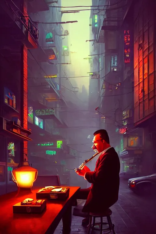 Image similar to A mafia boss lighting a cigar in a cyberpunk setting, by Evgeny Lushpin, dramatic lighting, high contrast colours, as trending on Artstation, highly detailed,