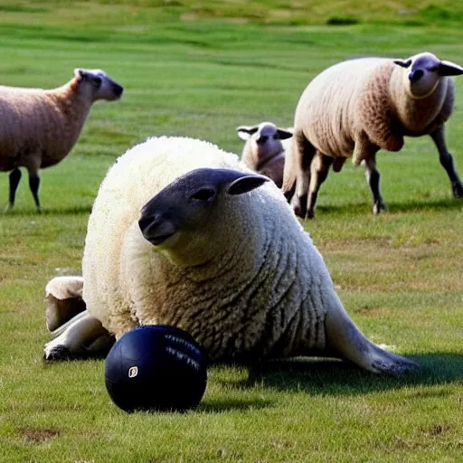 Image similar to sheep and seal tossing a ball, fun scene