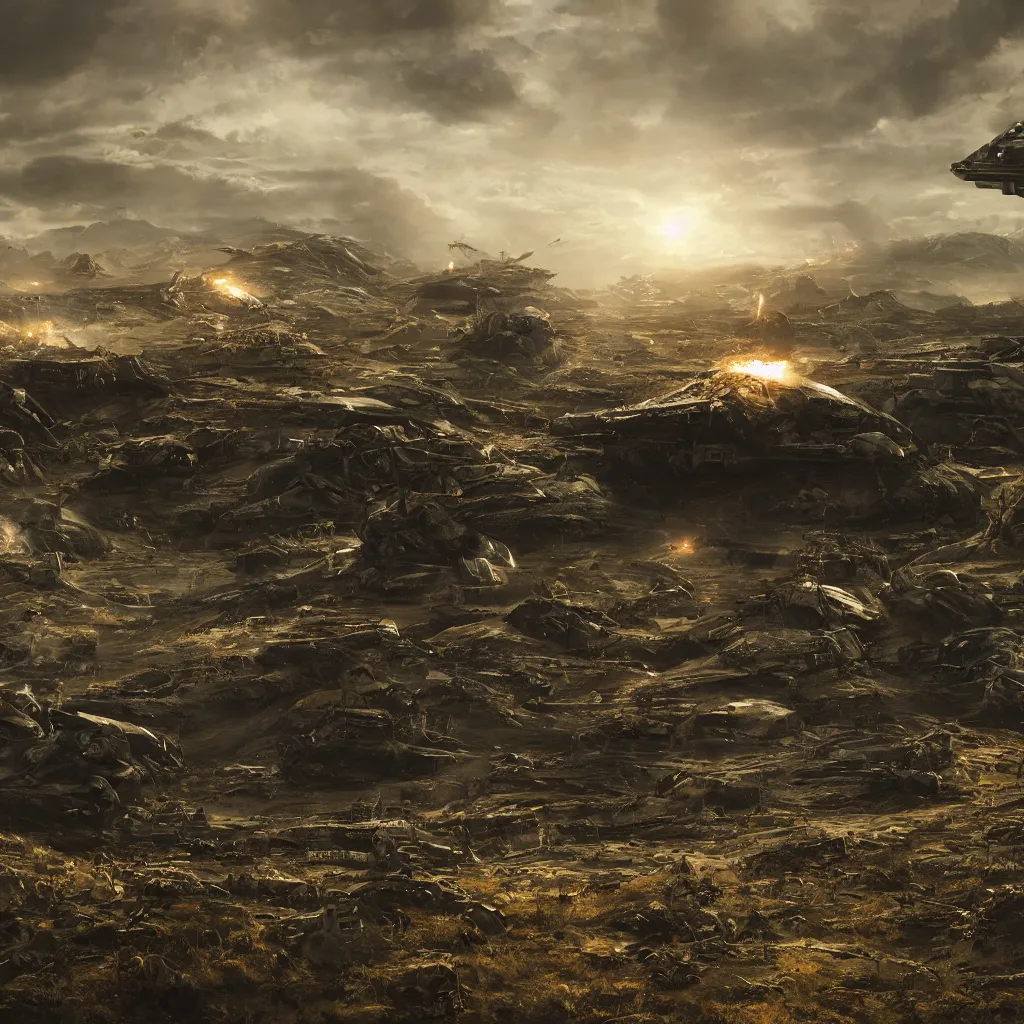 Prompt: neil blomkamp film landscape with itle detailed objects on ground spaceships, trending on artstation, hyper realistic, cinematic, cinematic composition, perfect composition, golden ratio, realistic grass, realistic crash space ship in fire, realistic sky, physical correct realistic light shadow, photorealistic, color harmony balance, extremly realistic objects, light, highly detailed, by rembrandt