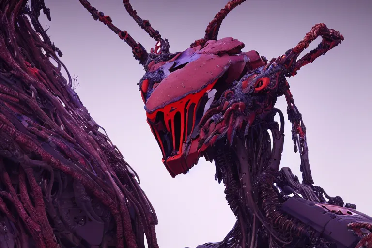 Image similar to portrait of a posed hyper detailed complex, plowhorn evangelion realistic mechanical and fleshy organic creature similar look as horizon forbidden west horizon zero dawn bioluminiscence in a dark deep forest at dawn in spring, with reflection and textures, by kilian eng, substance painter reaslitic mech surface metal painted scratches