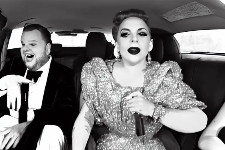 Image similar to lady gaga and judy garland doing carpool karaoke, lady gaga and judy garland, carpool karaoke, lady gaga, judy garland, carpool karaoke, youtube video screenshot, the late late show with james corden, higly realistic, high resolution, dashcam