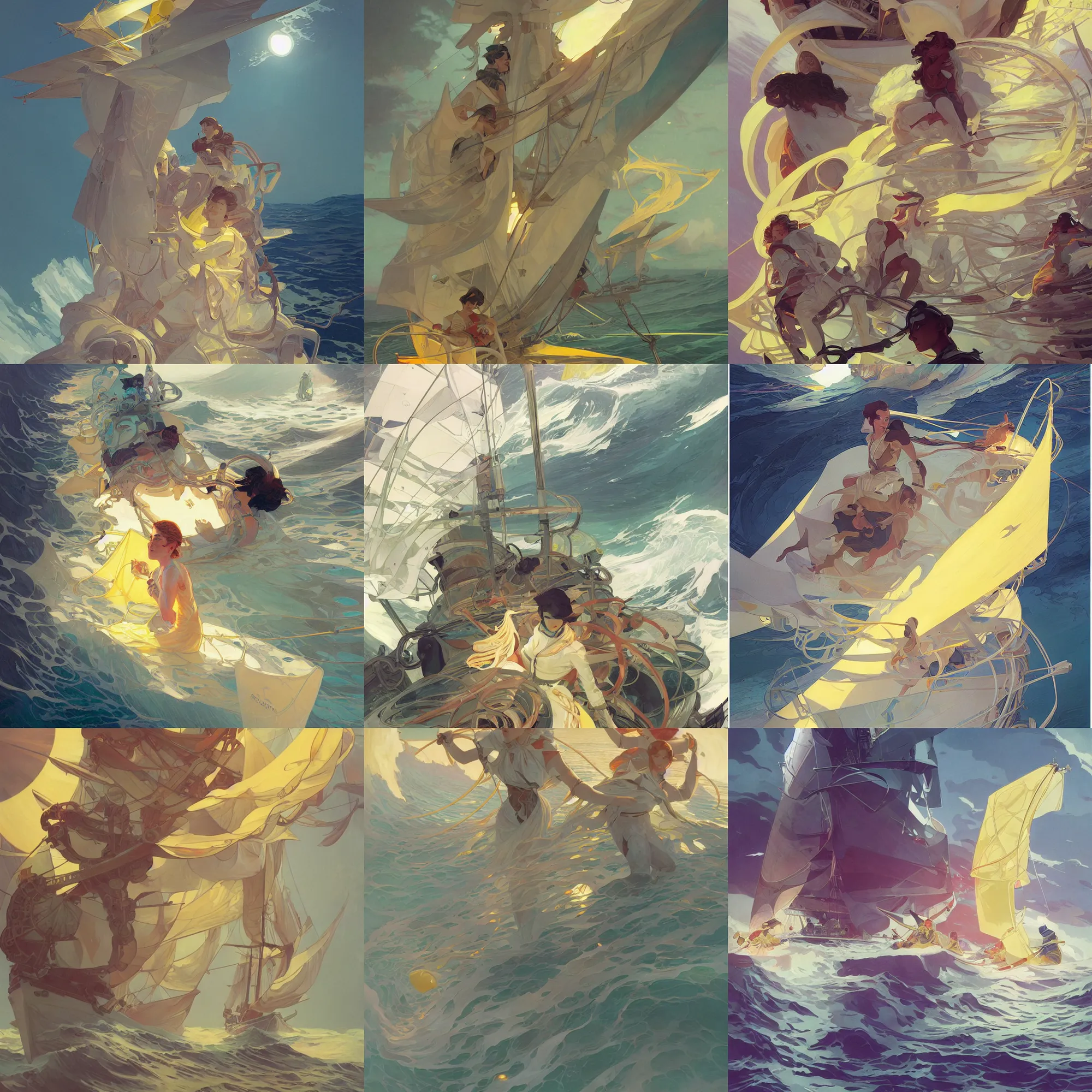 Prompt: in the raging storm sea white ship bearing lemon - yellow sails, futuristic science fiction, mucha, hard shadows and strong rim light, art by jc leyendecker and atey ghailan and sachin teng
