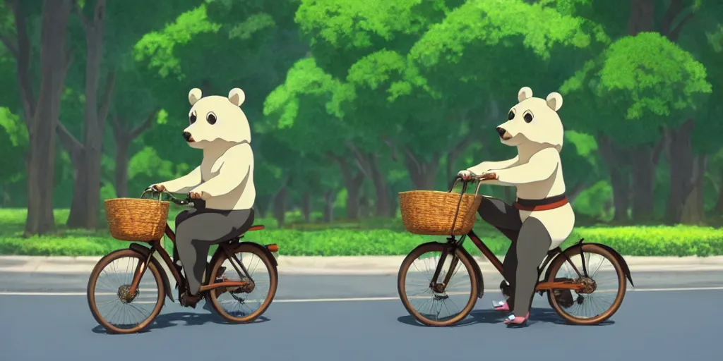 Image similar to shot of a cute bear on a bike wearing a sunhat studio ghibli pixar disney animation sharp render