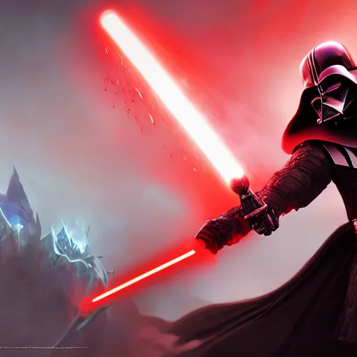 Prompt: portrait of darth vader wielding red lightsabre, league of legends amazing splashscreen artwork, legends of runeterra, splash art, natural light, elegant, photorealistic facial features, intricate, fantasy, detailed face, atmospheric lighting, anamorphic lens flare, cinematic lighting, league of legends splash art, hd wallpaper, ultra high details by greg rutkowski