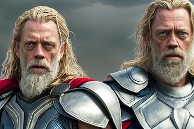 Image similar to promotional image of Hugh Laurie as Thor in the new Avengers movie, realistic, detailed face, movie still frame, promotional image, imax 70 mm footage