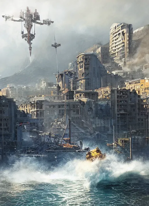 Image similar to hyper realistic robot attacking cape town city harbor beautiful details, strong composition, poster painted by weta studio rutkowski, james gurney and greg rutkowski, and lucasfilm