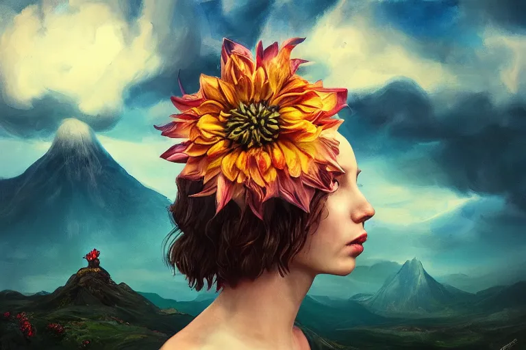 Image similar to giant dahlia flower crown under head, portrait girl on mountain, surreal photography, blue storm clouds, dramatic light, impressionist painting, digital painting, artstation, simon stalenhag