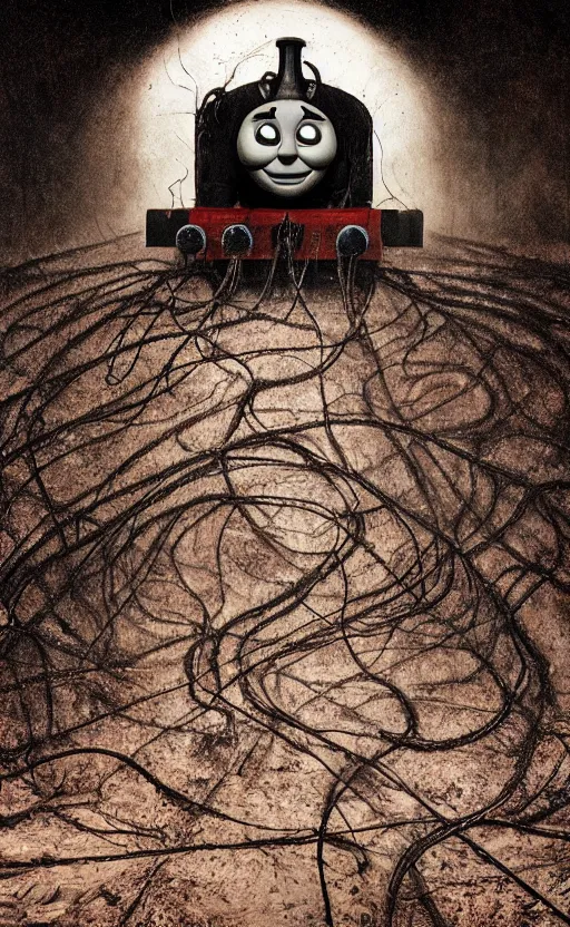 Image similar to thomas the tank engine in style of zdzisław beksinski, extremely dramatic lighting, 8 k, tendrils, black, darkness, black slime tendrils, infected, rust, body horror, thomas the train, thomas the tank engine face, horror,