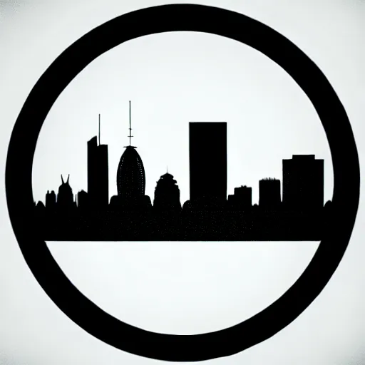 Image similar to a perfect circle, around the outer edge of the circle is the silhouette of a city skyline, inside the circle is empty, black and white, minimalist, in the style of a line drawing