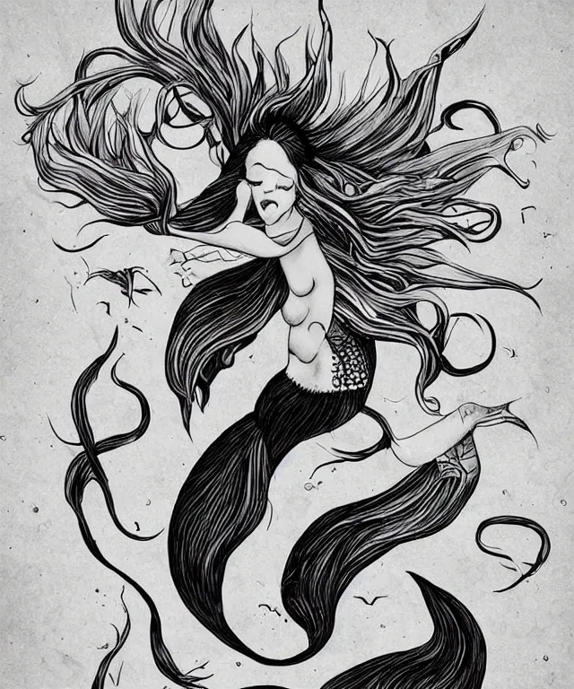 Prompt: black and white illustration, creative design, dark fantasy, tattoo design, beautiful mermaid, full body, swimming in ocean, fish tail bikini top flowing hair