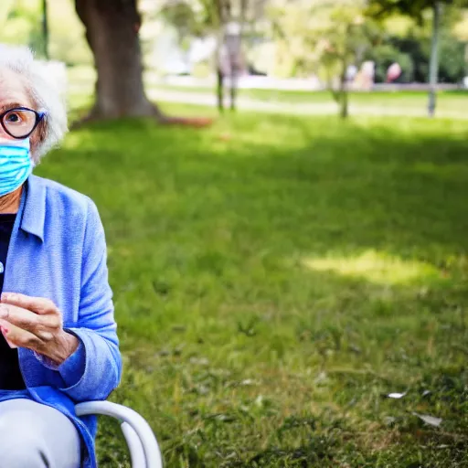 Image similar to an older woman sitting in a park wearing a small oxygen cannula under her nose, 4 k,