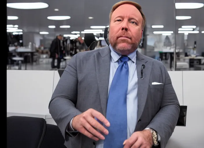 Image similar to dslr photo still of infowars host alex jones in a blue suit fat grey beard and mustache!!! depressed!!! in an!!! apple store trying to get his phone deleted!!!, 5 2 mm f 1. 8