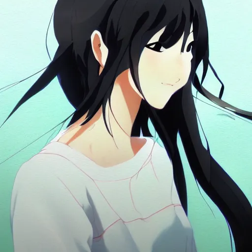 Prompt: a girl in her 2 0 s with wavy black hair by makoto shinkai and tomoyuki yamasaki, trending on pixiv