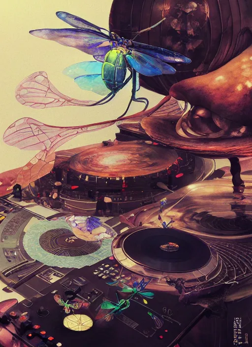 Image similar to surreal gouache painting, by yoshitaka amano, by ruan jia, by Conrad roset, by good smile company, detailed anime 3d render of a magical Dragonfly flying over a Mushroom on a DJ Mixer, Vinyl deck, controller, portrait, cgsociety, artstation, rococo mechanical and Digital and electronic, dieselpunk atmosphere